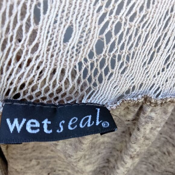 Wet Seal Open Front Cardigan Short Sleeves Back Lace Panel Size XS Tan - Picture 3 of 8